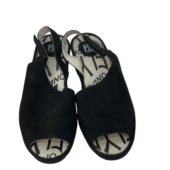 Fly London Womens Palp Black Nobuck Leather Peep-Toe Wedge Sandals SZ 40 - Picture 5 of 13